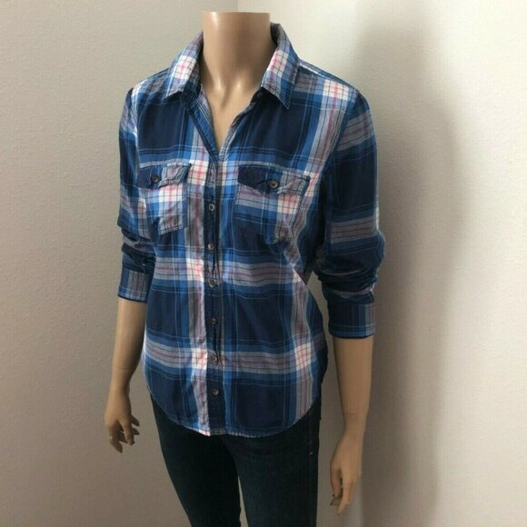 Abercrombie Plaid Button Down Shirt Size Medium Blue & White - Picture 3 of 6